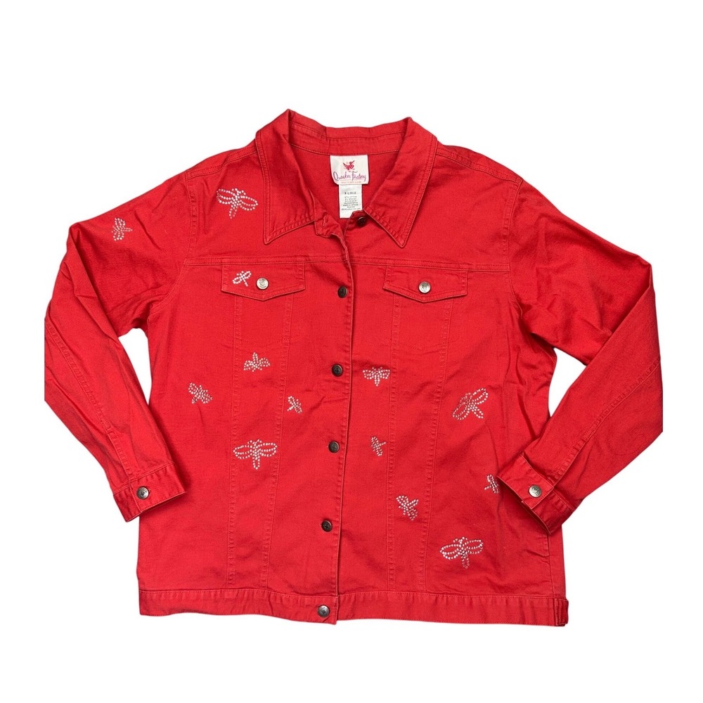 Quacker Factory Denim Jacket Red Rhinestone Dragonfly Womens XL Stretch Cotton